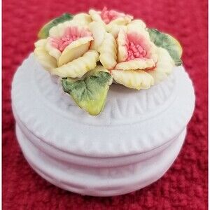 Victorian Trading Co Mini Floral Lidded Porcelain Bisque Vanity Trinket Box